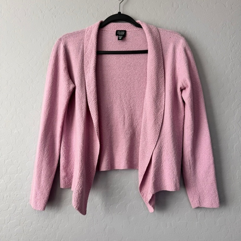 Eileen Fisher 100% Wool Cardigan Open Front Knit Sweater PM Petite Lilac‎ Purple